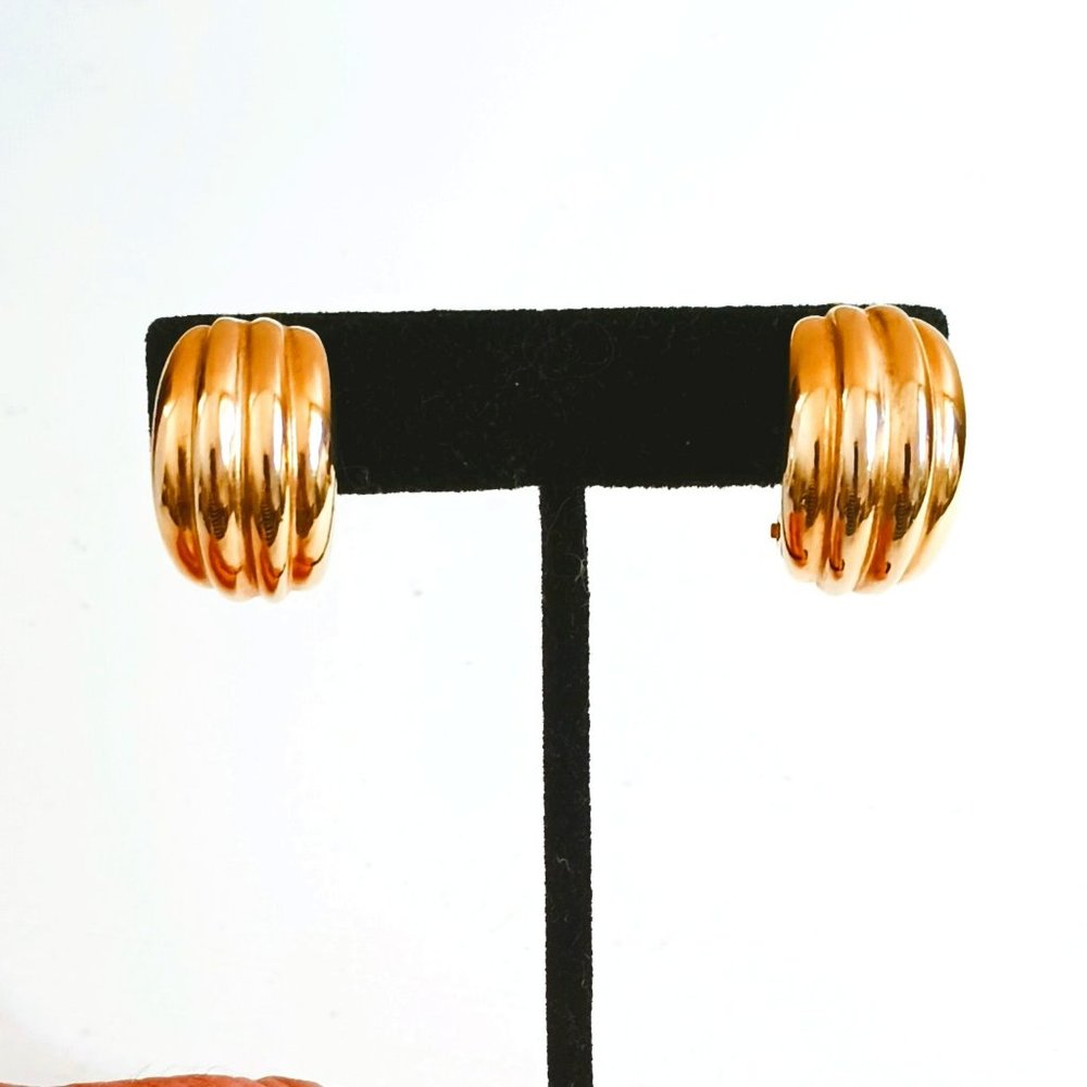 Fernando Ronci Ribbed Hoop Earrings Vintage Gold Tone Clip On Jewelry